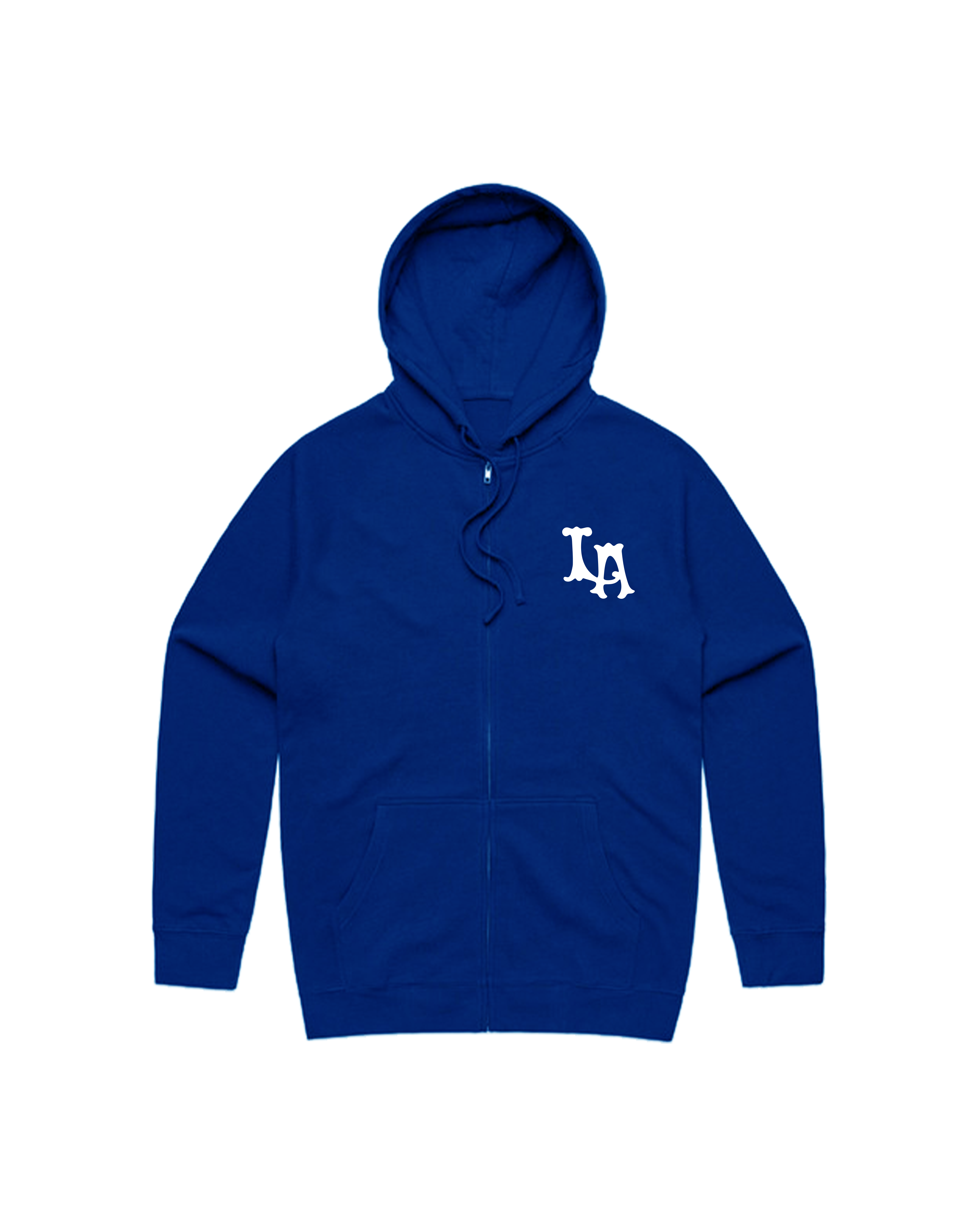 Front view of blue LA zip hoodie