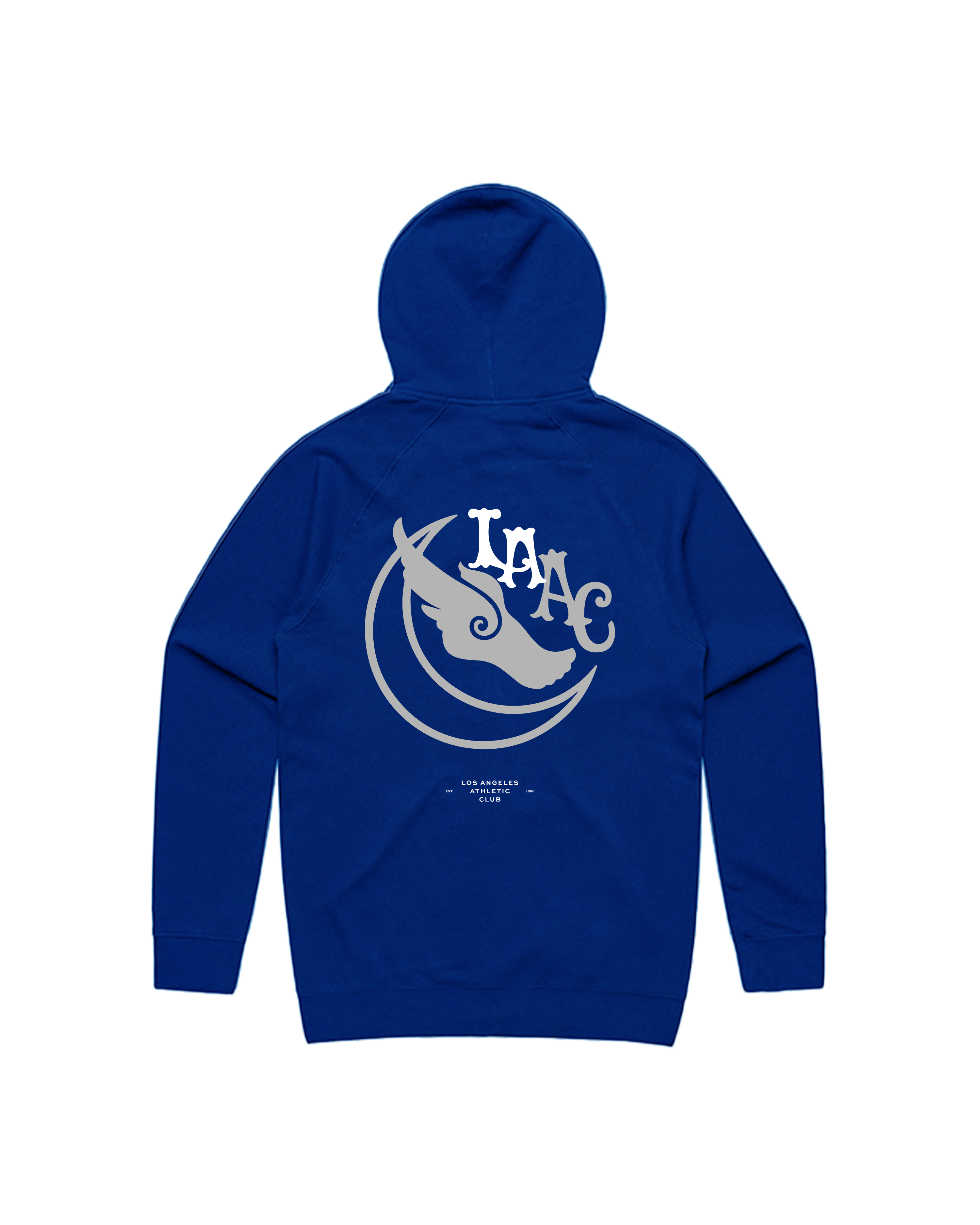 Back view of blue LA zip hoodie
