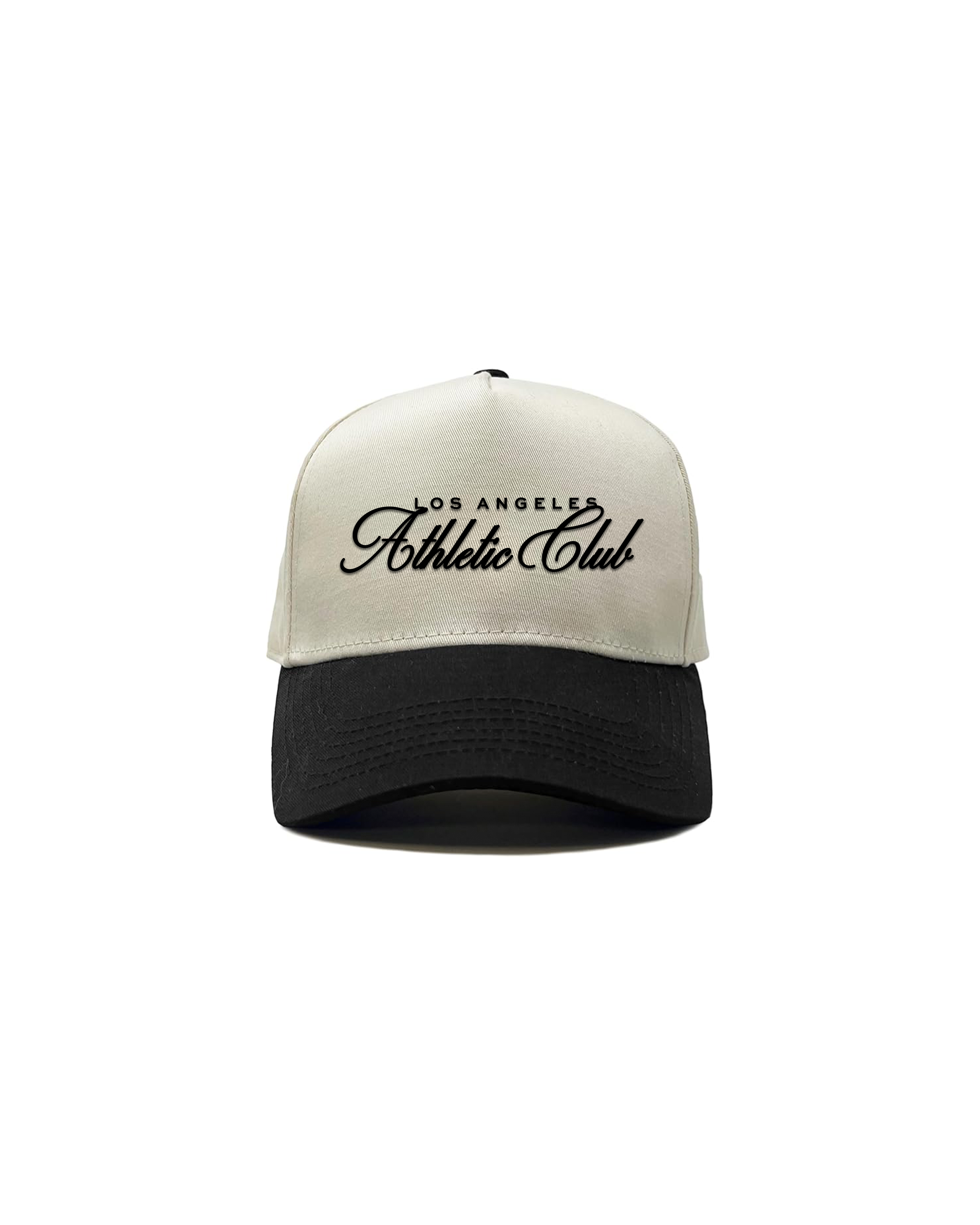 Embroidered ScriptSnapback Cream Black Front View