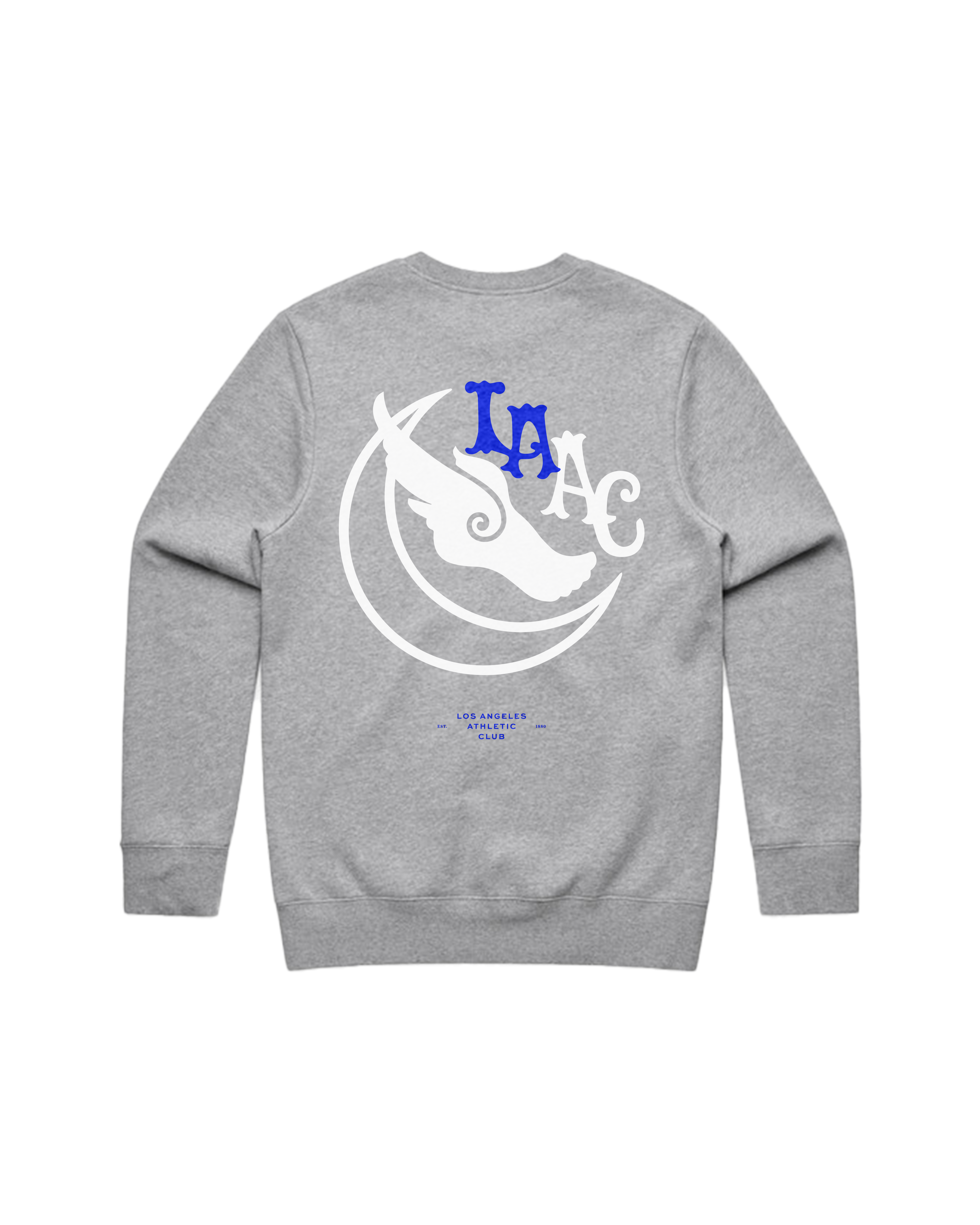 Back view of heather grey LA crewneck