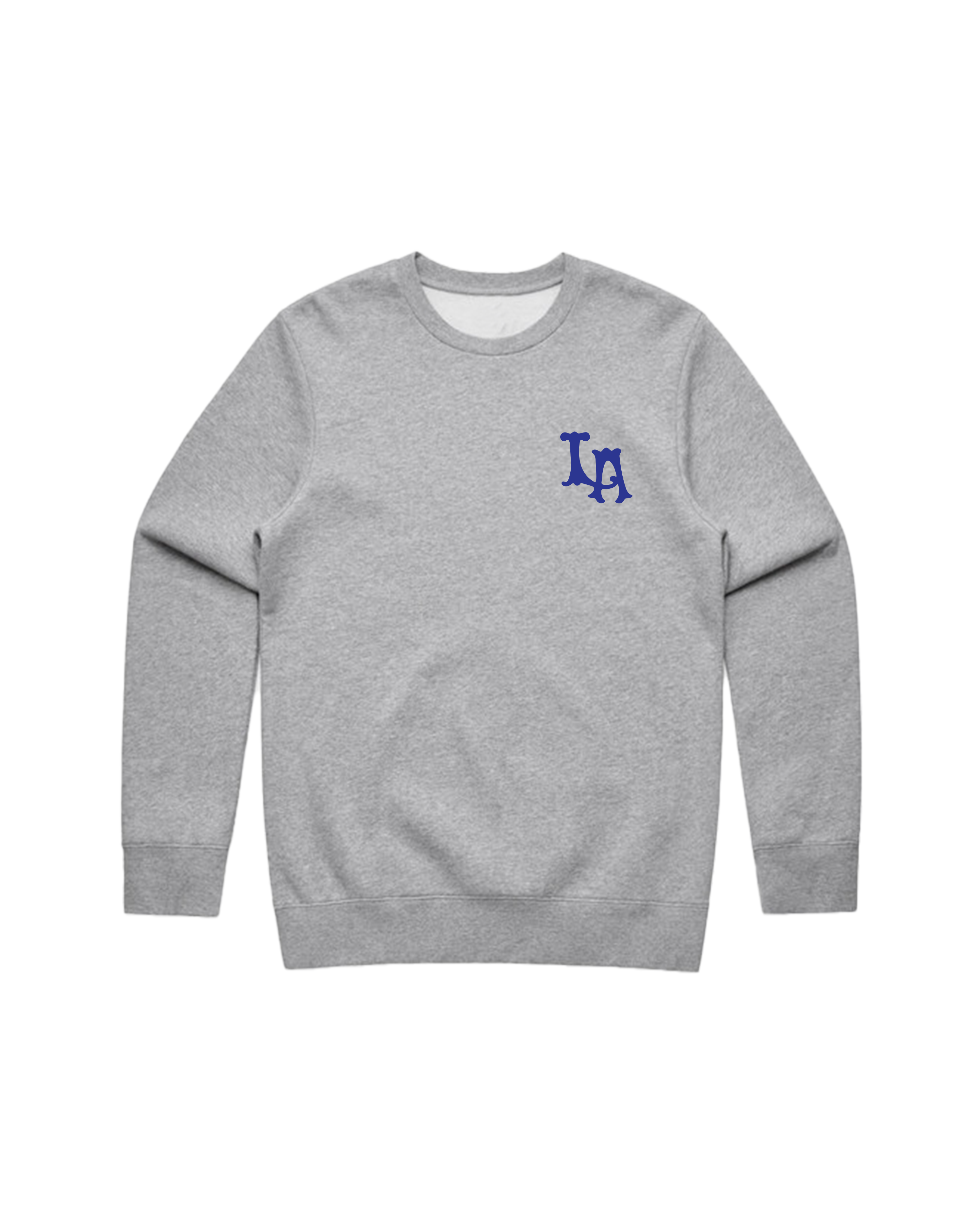 Front view of heather gray LA graphic crewneck
