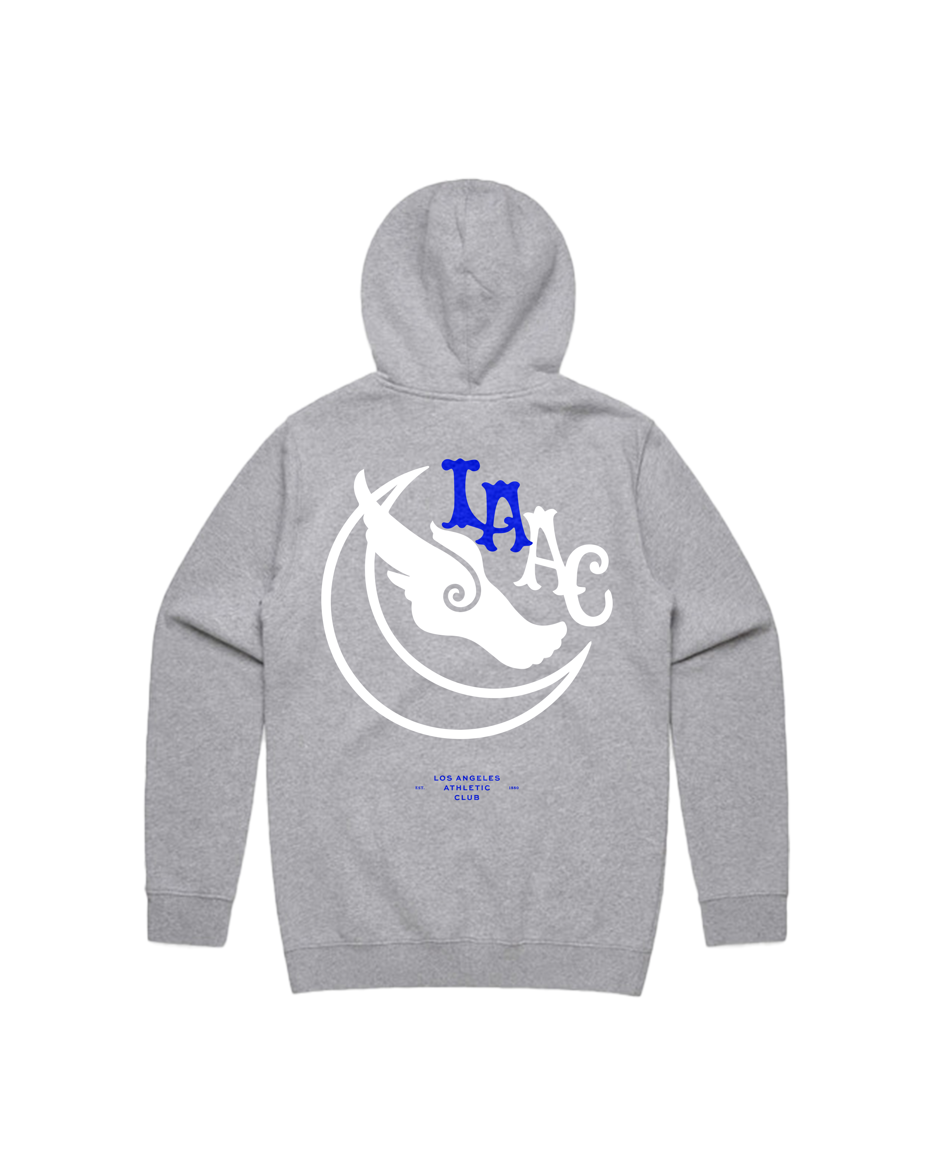 Back view of heather gray LA graphic hoodie