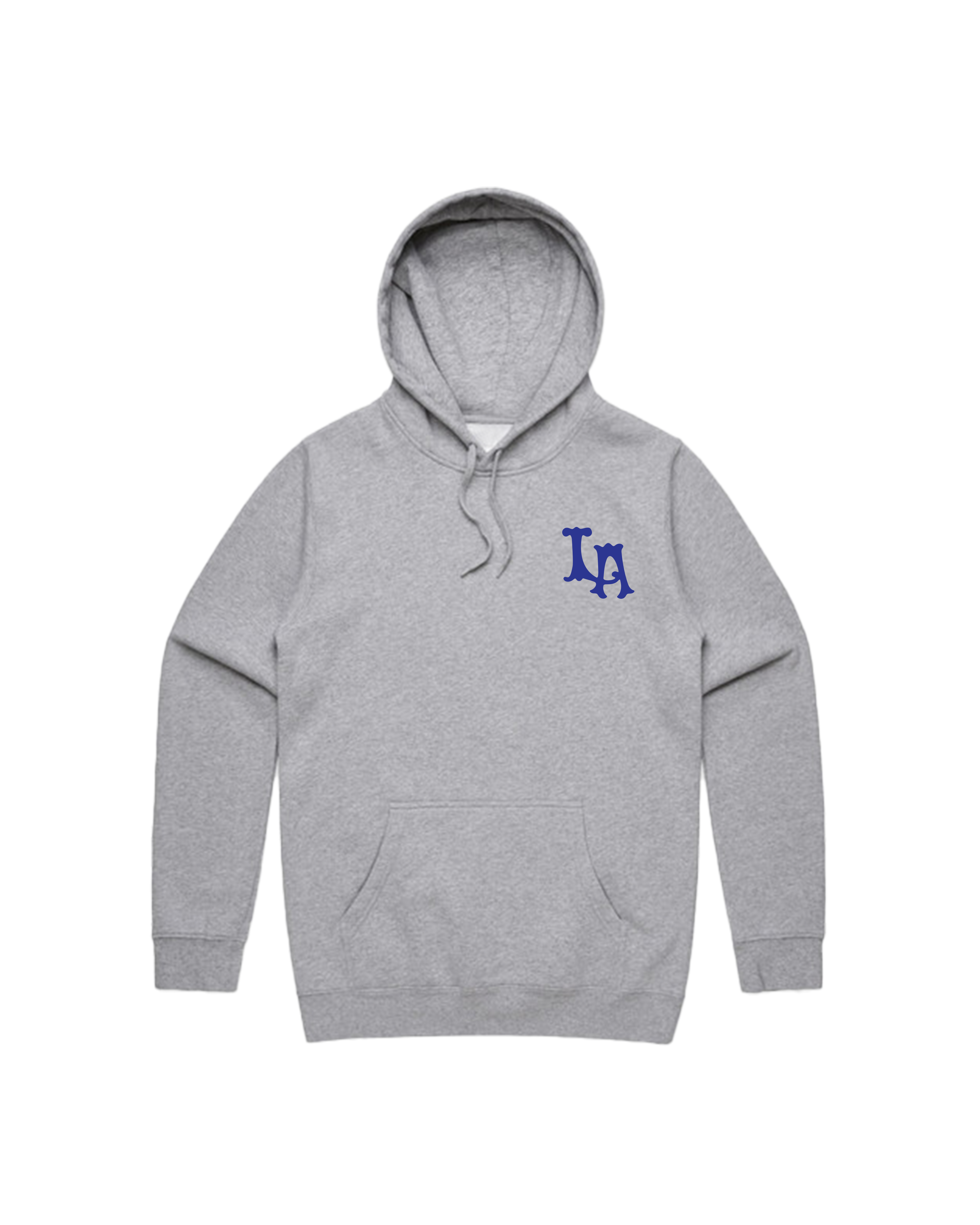 Front view of heather gray LA graphic hoodie