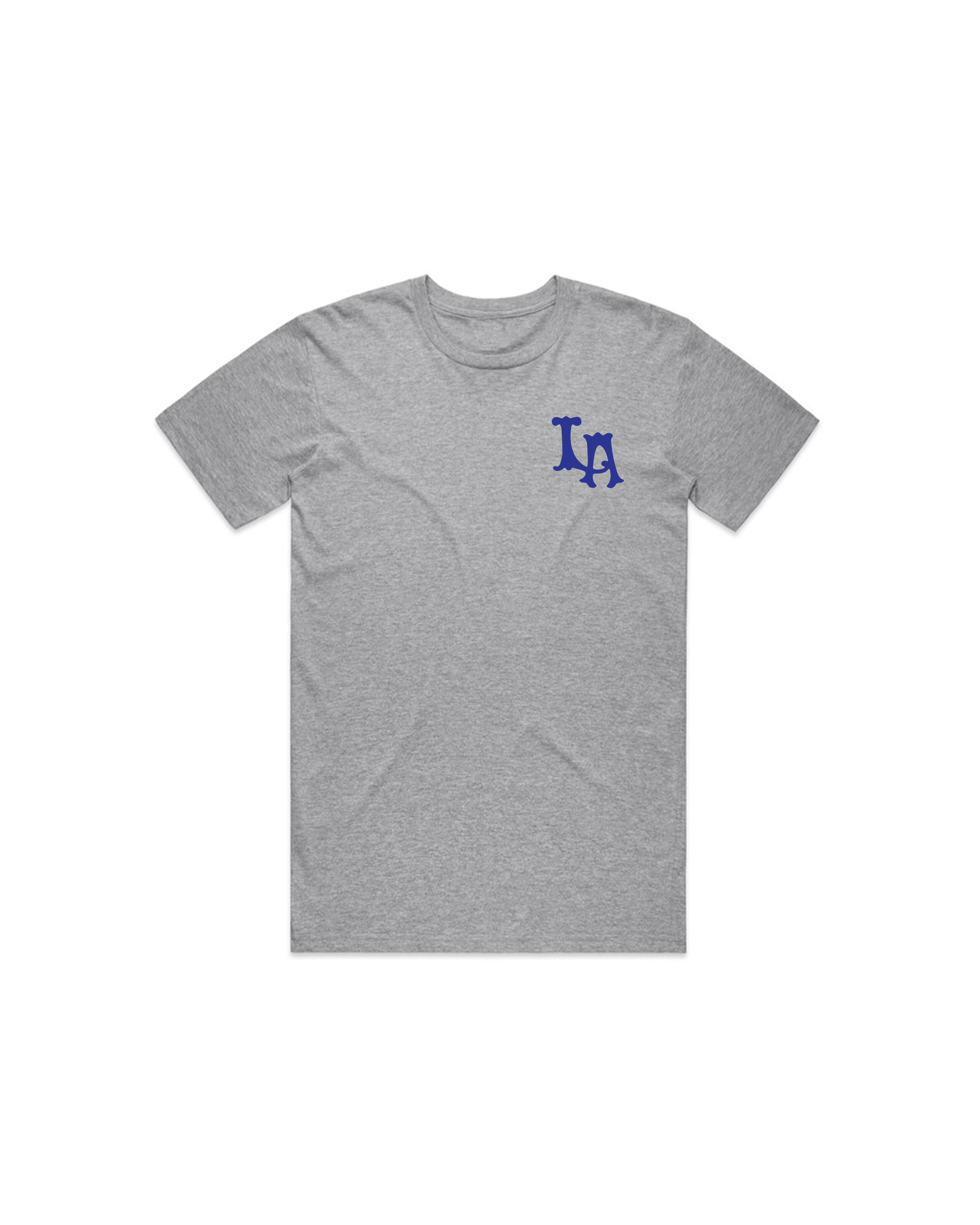 Front view of heather grey LA tee